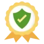 A guarantee certificate with a check mark and shield symbol, representing warranty, approval, and the best standards in commerce and shopping with medal-style trust labels.
