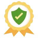 A guarantee certificate with a check mark and shield symbol, representing warranty, approval, and the best standards in commerce and shopping with medal-style trust labels.